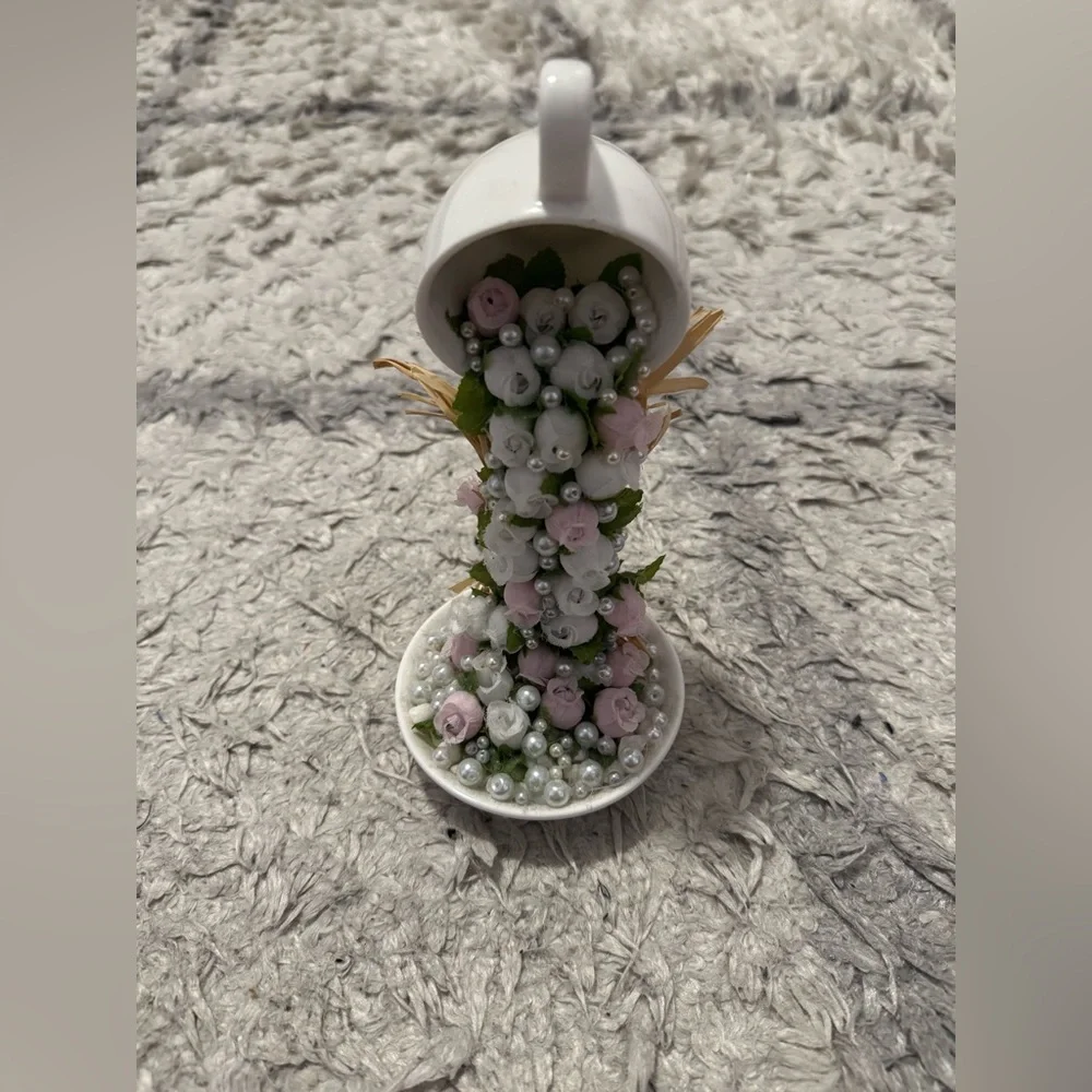 Homemade, Floating Teacup with Pink and White Flowers - Picture 4 of 5